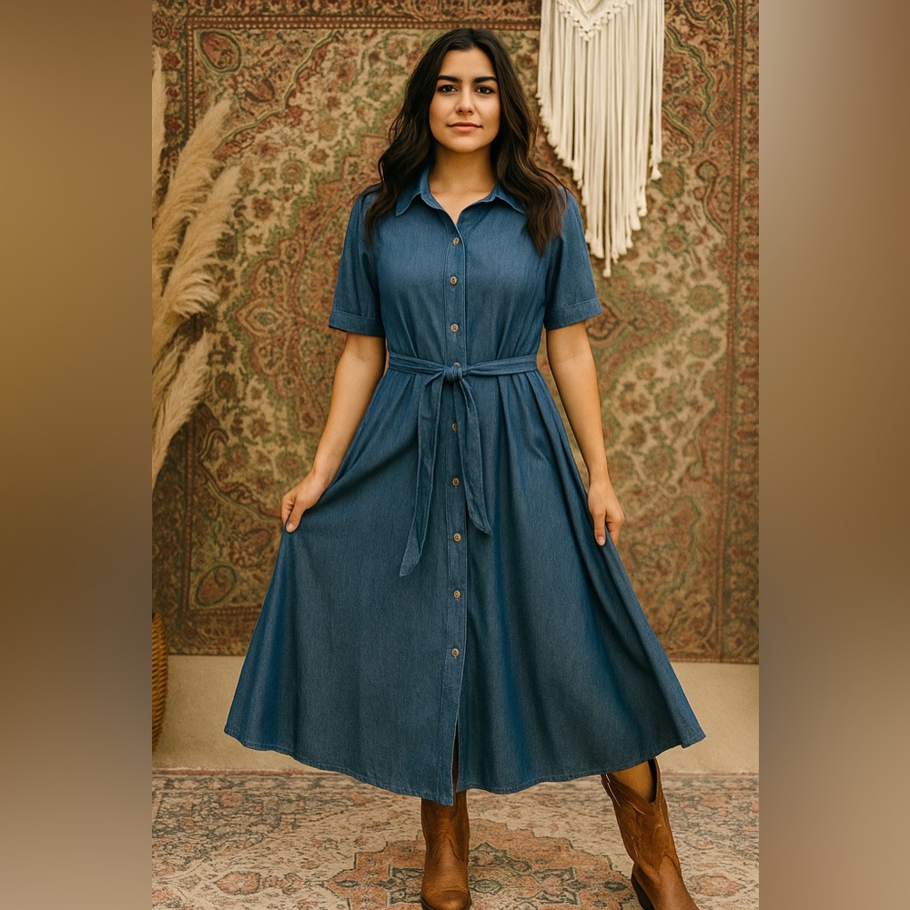 Indigo & Lace  Blue Denim Midi Dress with Belt Womens size medium Macy’s